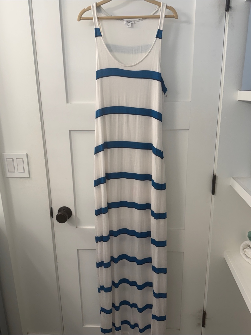 Splendid White Maxi Dress with Blue Stripes